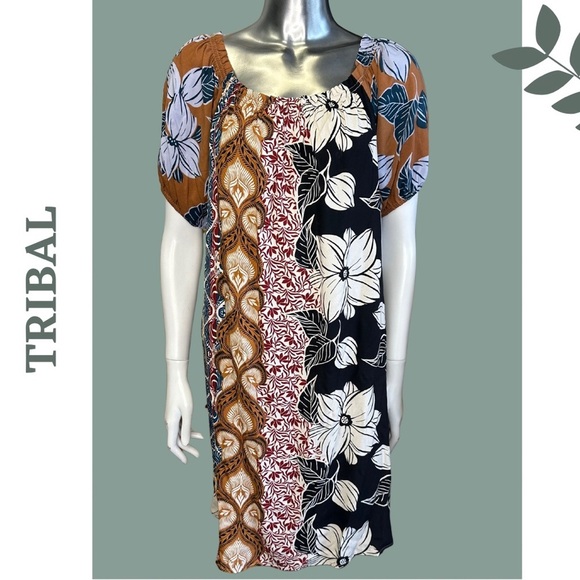 Tribal Dress With Bubble Sleeves Swimsuit Cover Up Black Brown Blue - Picture 4 of 8